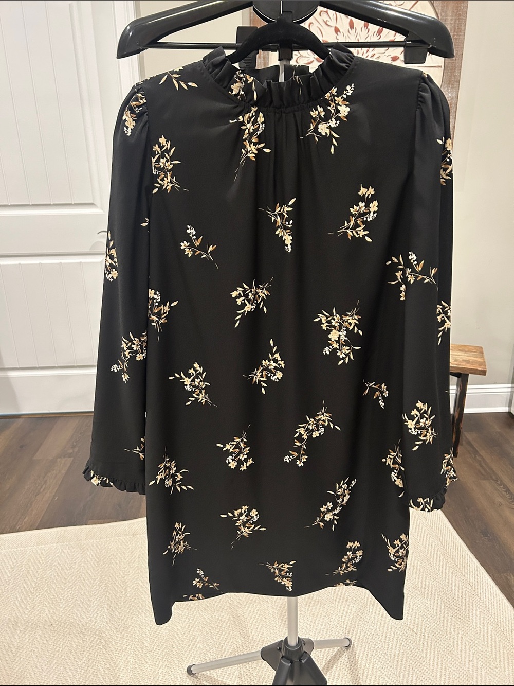 J. Crew Black Floral Ruffle-Neck Long-Sleeve Dress / Basically New Sz 10